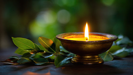 A lit candle sits in a copper bowl next to vibrant green leaves. The warm orange flame contrasts with the cool green and brown tones. The composition is likely illuminated by soft, natural light, creating a focused view. Suitable for illustrating ideas related to spirituality or contemplation.の素材