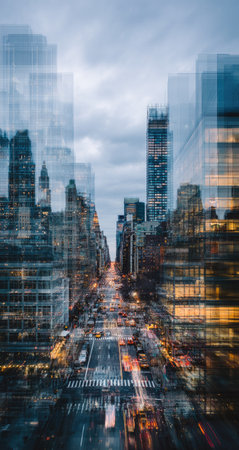 This image showcases a blurred street scene dominated by towering skyscrapers. The composition highlights a sense of motion with the soft focus effect. The palette includes cool tones and artificial lights, suggesting an urban environment at dusk or night. Suitable for illustrating various concepts in design or editorial projects.の素材