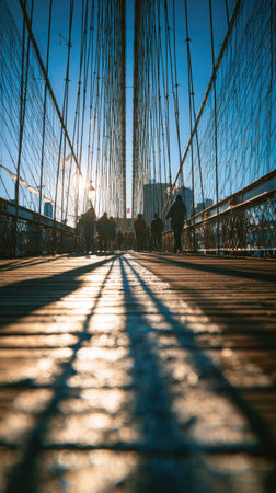 An overhead perspective showcases the Brooklyn Bridge, highlighting the walkway and support cables. Sunlight streams through the structure, casting long shadows. The composition emphasizes lines and symmetry, with silhouetted figures on the bridge. This image could be suitable for editorial or commercial purposes.の素材