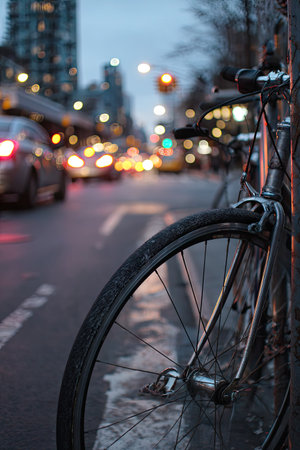 A bicycle leans against a pole with the front tire in focus. Soft focus blurs the cityscape lights of vehicles and buildings. The scene's color palette includes cool tones and vibrant lights, with a shallow depth of field. Suitable for editorial and commercial projects.の素材