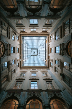 An architectural view captures a building interior, showcasing repetitive windows and decorative elements. The vertical composition draws the eye toward a central glass ceiling, framed by structured walls. Natural light illuminates the interior, highlighting a complex design. Suitable for commercial projects or editorial use related to architecture and design.の素材