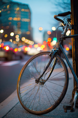 A vintage bicycle rests against a pole on a city street. The image displays a shallow depth of field, with the focus on the bicycle's wheel and frame. The background shows blurred lights from vehicles and buildings, suggesting an urban environment at dusk. This image could be used for various editorial and commercial purposes.の素材