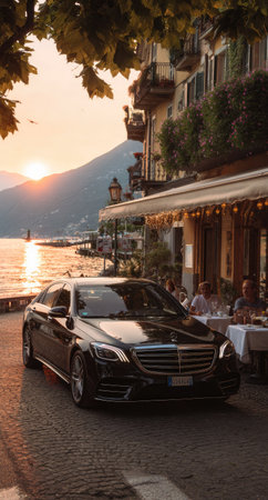 A black sedan is parked on a cobblestone street along a waterfront. A restaurant with outdoor seating and awnings is adjacent to the street. The scene is bathed in warm sunlight, with a lake and mountains in the distance. This image is suitable for a variety of editorial or commercial projects.の素材