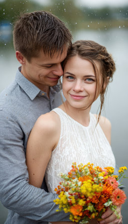 A young couple is captured in a tender embrace, holding a vibrant bouquet of flowers. The composition features soft, natural lighting. The image suggests a connection. Ideal for various projects requiring representations of love, relationships, or conceptual designs. The setting appears to be outdoors.の素材
