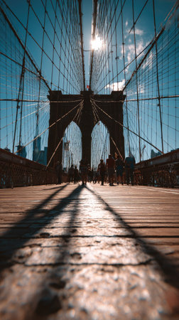 The image features a bridge, possibly a famous structure, with a prominent architectural design and intricate steel cables. The composition includes wooden planks creating a path towards the background. The scene is illuminated by sunlight casting strong shadows. It may be suitable for editorial or commercial applications.の素材