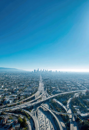 An aerial perspective showcases a complex freeway interchange leading towards a distant cityscape under a clear blue sky. The composition emphasizes the expansive road network and urban development. Suitable for illustrating transportation infrastructure, urban planning, or conveying a sense of progress. The photograph provides ample copy space within the sky.の素材