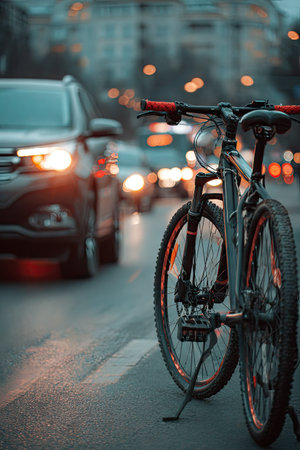 A bicycle is parked on an asphalt street with a blurred background of vehicles. The image features a dark color palette with orange and white highlights from streetlights and vehicle lights. This composition presents a cityscape scene during the evening. Suitable for editorial and commercial use.の素材