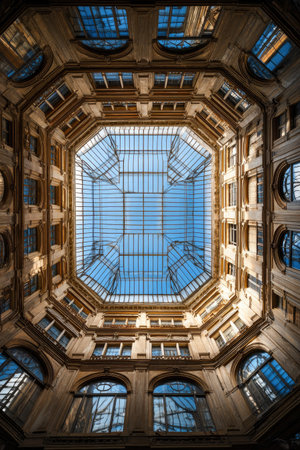 An upward perspective captures a detailed interior architectural design. The image showcases a symmetrical ceiling with a glass skylight, framed by ornamental elements. The composition features warm tones contrasting with the cool blue sky visible through the glass. This image could be used for design, travel, or editorial purposes.の素材