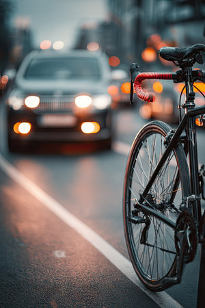 A bicycle is parked on the side of a road, with a blurry car in the background. The scene suggests an urban setting with a shallow depth of field. Soft light and neutral colors create a contemporary feel, suitable for various editorial and commercial applications. The composition emphasizes the contrast between stationary and moving elements.の素材