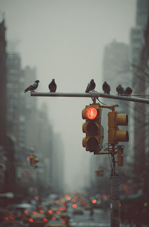 Several birds are perched on a traffic light pole with a red light illuminated. The photo features a cityscape in the background under an overcast sky. The composition displays a vertical format, with muted colors and soft lighting, suitable for various editorial and commercial applications. The image offers a blend of natural and urban elements.の素材