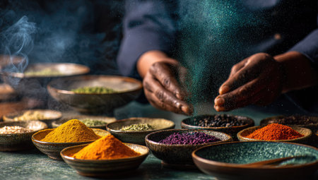 A chef prepares various spices presented in small bowls. The image showcases a range of vibrant colors from the spices, and the composition is focused on the hands and bowls. The lighting creates a slightly dark and moody atmosphere. Suitable for use in culinary-related content, recipe illustrations, or editorial features.の素材