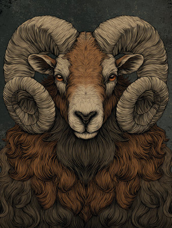 This illustration showcases a detailed depiction of a ram's head, focusing on its impressive curled horns and textured fur. The artwork employs warm brown and gray tones, complemented by intricate linework, suggesting a digital painting style. This image could be suitable for various uses, including editorial content, design projects, and decorative prints.の素材