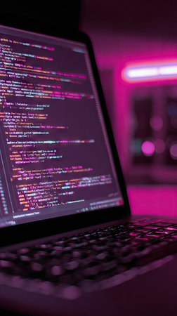 A close-up view presents a laptop screen showcasing complex lines of code. The image is dominated by shades of pink and purple, with keyboard detail visible. The composition suggests an indoor setting, possibly a workspace. This image could be suitable for technology, programming, or digital design applications.の素材