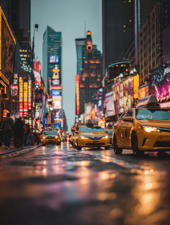 An urban scene depicts yellow taxis navigating a city street. The composition showcases tall buildings and vibrant lighting. The image exhibits a color palette of gold, orange, and blue. This photograph could be utilized for various commercial and editorial projects.の素材