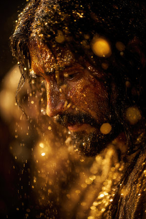 This image presents a close-up portrait of a man, possibly depicting a biblical figure. The composition highlights his facial features, adorned with golden particles. The lighting suggests an indoor setting, with a focus on textures. The photograph may be suitable for religious themes, artistic projects, or editorial content.の素材