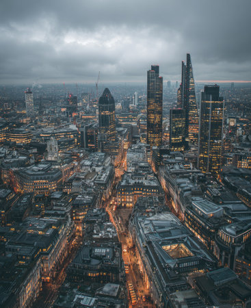 An aerial perspective showcases a cityscape of tall buildings under a cloudy sky. The photograph captures architectural structures in a metropolitan environment. Warm lighting contrasts with the cool tones of the sky, creating depth. This image can be used for commercial projects related to urban development and architectural design.の素材