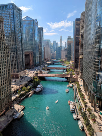 An aerial perspective showcases a vibrant river flowing through a city, with multiple bridges connecting the towering skyscrapers. The water reflects a turquoise hue, complementing the clear blue sky. The composition emphasizes architectural elements and natural features, offering potential usage for various commercial or editorial needs.の素材