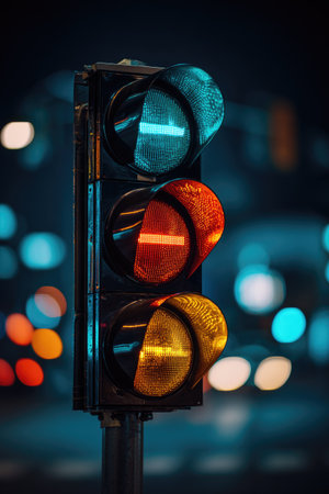 A vertical image displays a traffic light against a blurred background. The three signals are illuminated, displaying the colors blue, red, and yellow. The composition showcases the lights in an urban environment at night. This image is suitable for various commercial uses, including transportation and infrastructure themes.の素材
