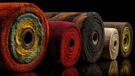 This image showcases a collection of rolled rugs, displaying a variety of colors and textures. The composition highlights the circular forms and intricate details. The lighting emphasizes the depth and dimension of the materials, suitable for showcasing interior design elements for promotional or illustrative purposes.の素材