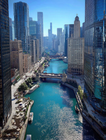 An aerial perspective showcases a vibrant turquoise river winding through a cityscape. Towering skyscrapers flank the water's edge, creating a visually striking vertical composition. The scene, bathed in bright sunlight, suggests a modern urban environment. This image could be suitable for various commercial or editorial applications.の素材