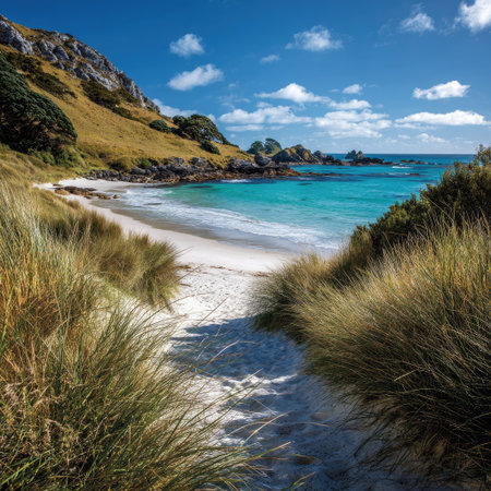 A scenic coastal view features a sandy beach and vibrant turquoise water framed by grassy vegetation. Rolling hills covered in yellow and green vegetation rise in the background beneath a partly cloudy blue sky. This landscape could be used for travel, nature, or environmental content.の素材
