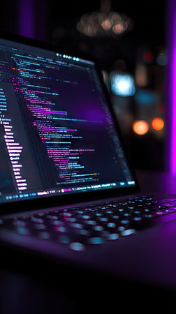 A close-up view presents a laptop screen illuminated by lines of computer code. The image shows a dark environment with purple and blue hues, creating a modern, technological feel. The composition emphasizes the computer's keyboard and screen, suggesting information technology and software. This visual is suitable for various commercial uses related to coding.の素材