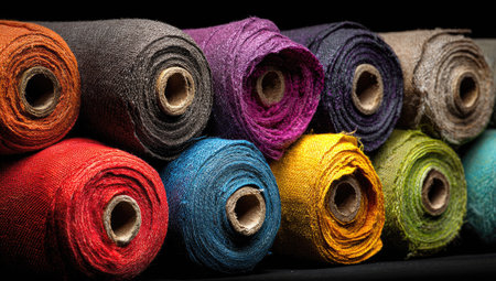 This image showcases a collection of neatly arranged fabric rolls, each displaying a vibrant array of colors. The textures appear coarse, indicating a possible natural fiber composition. The composition is a close-up, the lighting is even. This visual could be used in various commercial projects relating to textiles, design, and crafting.の素材