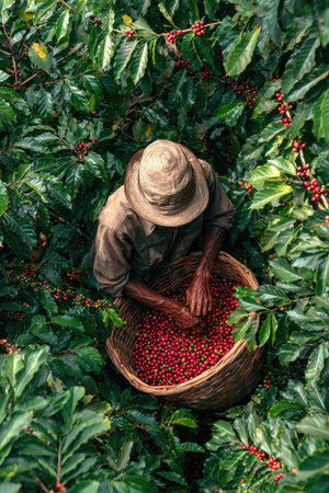 An overhead view reveals a farmer harvesting red coffee cherries into a woven basket. The image showcases rich green foliage and the vibrant red fruit, creating a contrasting visual. The style presents a natural setting, with bright lighting enhancing the scene, suggesting commercial applications.の素材