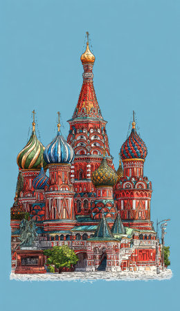 An illustration depicts a vibrant architectural structure distinguished by numerous domes, set against a solid blue backdrop. The artwork showcases intricate details, employing a palette of red, gold, green, and blue. The composition suggests an outdoor scene, with possible uses for travel, history, or cultural design projects.の素材