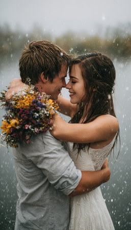 A man and woman embrace in a tender moment, possibly during a wedding or engagement. The scene features soft, natural lighting with a blurred background. The subjects are dressed in casual attire and a formal dress. This image is suitable for various commercial uses, including advertisements, articles, or social media content.の素材