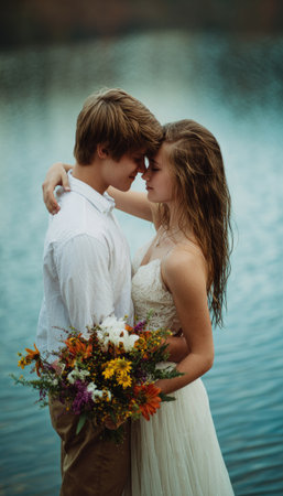 A couple embraces near a body of water, with one holding a bouquet of flowers. The image exhibits a soft, natural aesthetic with blurred background. The composition and lighting create a romantic atmosphere. Suitable for editorial and commercial use, such as articles and advertisements.の素材