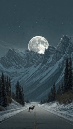 A lone deer stands on an empty road beneath a bright full moon. The image features a mountainous backdrop with snow-covered peaks. The composition uses cool tones, creating a tranquil and mysterious atmosphere. Suitable for use in various visual projects, including editorial or commercial designs.の素材