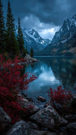 A scenic landscape showcases a serene lake surrounded by towering mountains with snow-covered peaks. Red foliage in the foreground contrasts with the blue hues of the water and sky. The composition emphasizes depth, with trees and rocks adding texture. Ideal for editorial use and creating visual content.の素材