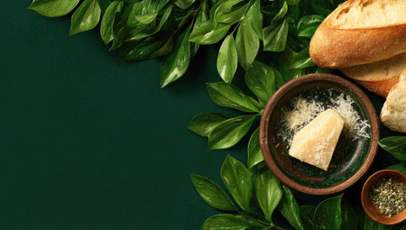 An overhead shot presents fresh bread alongside a small bowl of grated cheese and a block of cheese, with a smaller bowl containing herbs, all arranged on a dark emerald green backdrop. Lush green leaves border the arrangement. The image features natural lighting and may be used for various culinary, food-related or design projects.の素材