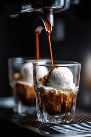 A close-up captures espresso being poured into a glass containing ice cream. The rich, dark liquid contrasts with the white scoops, creating a visually appealing texture. The image features shallow depth of field, with soft lighting on a dark background. Suitable for culinary, advertising, and editorial applications.の素材
