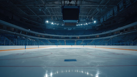An interior shot reveals a large hockey arena with an empty ice rink. The scene is dominated by cool blue tones and overhead lighting illuminates the arena. The composition showcases the architecture of the arena. This image is suitable for commercial uses such as sports marketing, event promotions, or architectural presentations.の素材