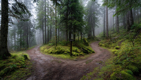 A forest scene presents a path diverging into two directions. Tall trees dominate the view, accompanied by dense, green vegetation. The composition features a moody atmosphere with soft lighting. Suitable for illustrating choices, decisions, or themes related to nature and adventure. It can be used for various commercial and editorial applications.の素材