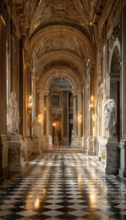 An opulent hallway featuring a checkered marble floor leads into the distance under a series of archways. The scene presents classical architectural elements with decorative molding. Warm lighting illuminates the corridor creating a sense of depth and inviting atmosphere. Ideal for historical or cultural themed projects, editorial content, and design publications.の素材