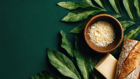A top-down shot showcases a rustic arrangement featuring a wooden bowl filled with granular substance, accompanied by bread, and cheese. The scene is complemented by green leaves, all set against a deep green backdrop. The lighting highlights textures, suggesting its suitability for culinary or food-related content.の素材