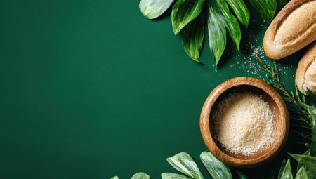 A top-down composition displays bread rolls, a wooden bowl of powder, and lush green leaves on a dark green surface. The lighting is soft, highlighting the textures of the food and foliage. This image could be used for culinary themes, illustrating ingredients, or visual concepts related to health and nutrition.の素材