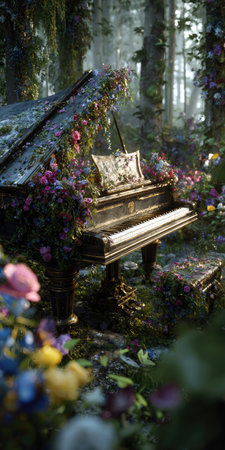 An antique grand piano sits in a lush, green forest setting, covered in vibrant flowers and foliage. The image displays a vintage aesthetic with warm lighting, suggesting a serene outdoor scene. This image could be suitable for various uses, including editorial and commercial projects, such as music related themes and nature designs.の素材