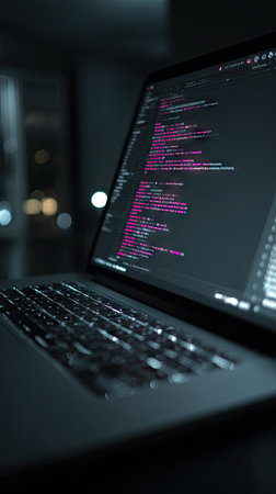 A laptop displays code in a dark environment at night. The screen glows, highlighting lines of code. The composition is close-up, focusing on the screen and keyboard. The scene has a modern, digital aesthetic, with possible uses in technology and software design illustrations.の素材