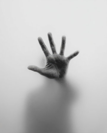A grayscale image shows a human hand pressed against a frosted or translucent surface, creating a shadowy effect. The composition focuses on the hand's silhouette and form, with soft lighting defining its shape. This image would be suitable for various uses, including editorial articles and advertising materials.の素材