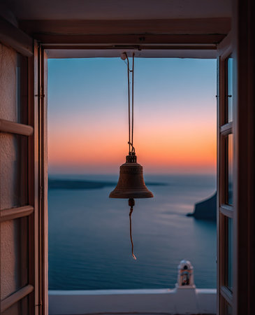 An antique bell hangs from a frame, contrasting against an ocean view and a colorful sunset. The composition displays a balance of indoor and outdoor scenes, featuring warm colors and detailed textures. Ideal for conceptual projects, this image may find application in editorial and promotional contexts.の素材