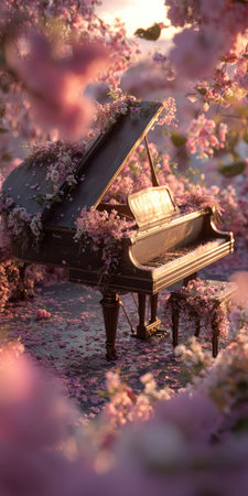 A grand piano rests amidst a sea of pink blossoms in this image, creating a dreamy scene. The composition features a shallow depth of field, with soft focus enhancing the delicate petals and instrument. It may be suitable for illustrating themes related to music, nature, or seasonal events.の素材