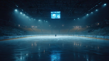 An ice rink is shown with a large, empty expanse of ice illuminated by strong overhead lighting. A single figure is seen on the ice. The composition is a wide shot, presenting a vast interior with a subtle blue-toned color palette. This image could be used for sports, event or other commercial applications.の素材