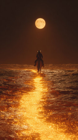 A silhouette of a person on horseback moves through water, illuminated by a full moon. The image displays warm colors, creating a surreal environment. This artistic composition is suitable for various projects that require evocative visuals, potentially including editorial use.の素材