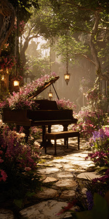 A grand piano sits in a whimsical garden setting, surrounded by blossoming flowers and lush greenery. The scene is illuminated by soft, diffused lighting, possibly from hanging lanterns. The composition may be suitable for artistic projects, musical promotions, or editorial content.の素材
