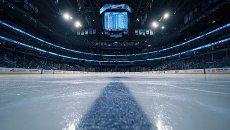 An interior perspective shows an ice rink with an empty ice surface. The composition reveals a wide angle view, showcasing the arena's structure. Lighting illuminates the scene, highlighting the blue hue of the ice. This image could be suitable for promotional materials, or various editorial uses.の素材