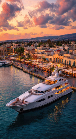 A large white yacht is docked in a harbor, illuminated by the warm light of a sunset. The composition includes buildings along the coast, under a sky with vibrant orange and pink hues. The image showcases a tranquil environment, suitable for various commercial or editorial applications.の素材